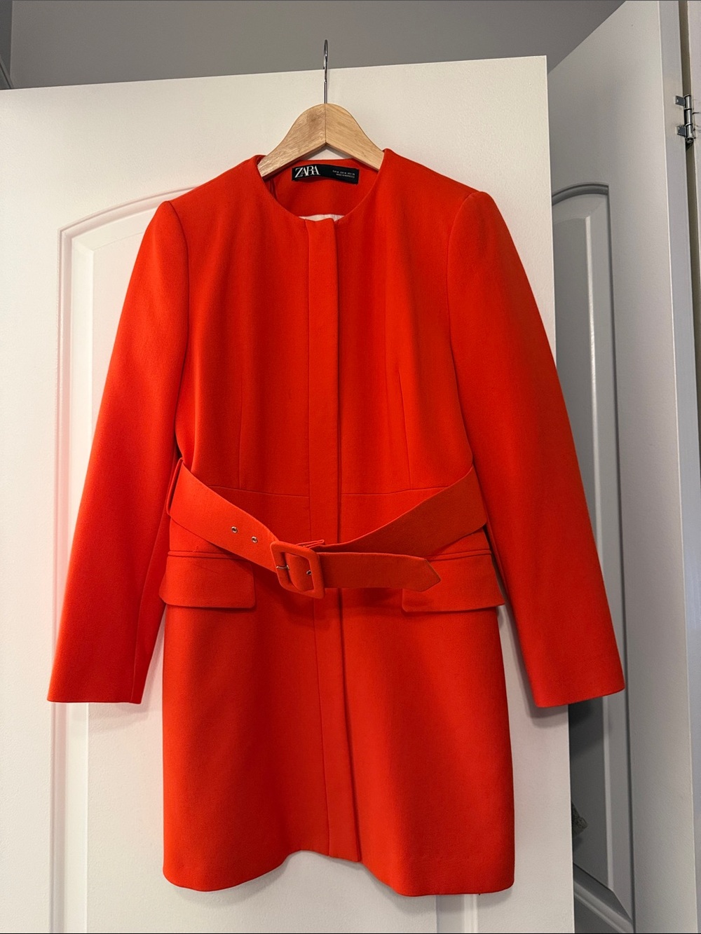 Zara Bold Red Belted Collarless Lined Trench